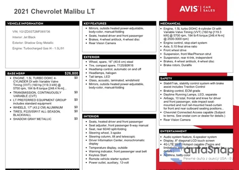 2021 Chevrolet Malibu Lt z USA, uszkodzony, nr VIN 1G1ZD5ST2MF069736